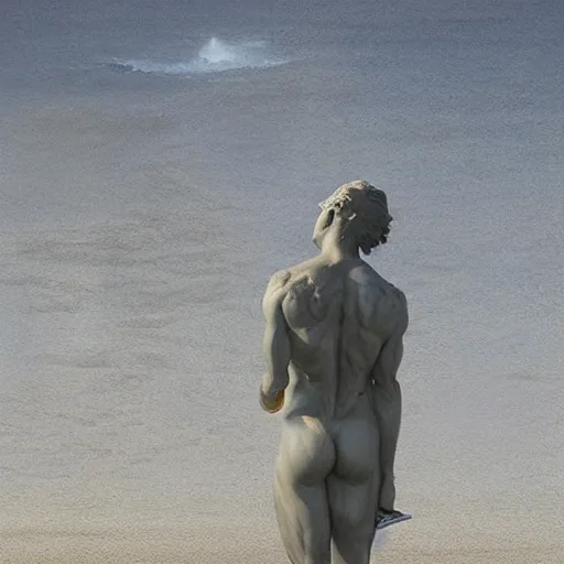 Image similar to a statue of a man holding a phone the background is the sea by greg rutkowski