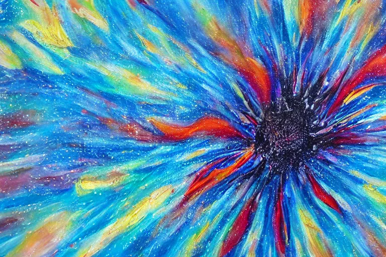 Image similar to oil painting, close-up of giant flower explosion, clean blue sky, in style of 80s sci-fi book art