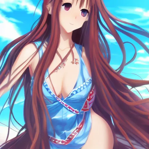 Image similar to a very beautiful young yuuki asuna,, full body, long wavy hair, sky blue eyes, full round face, bikini, miniskirt,, cinematic wallpaper by yusuke murata