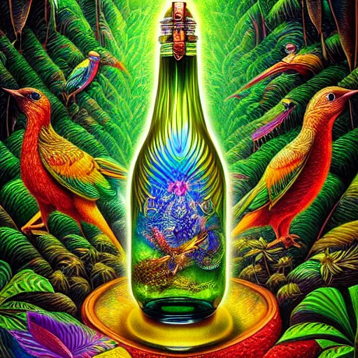 Image similar to visionary art, rainforest trapped within a bottle, with great birds, rich geometry, precise and incredibly highly detailed intricate 8 k wallpaper, john stephens, lisa frank, intricate stunning award winning masterpiece trending on artstation