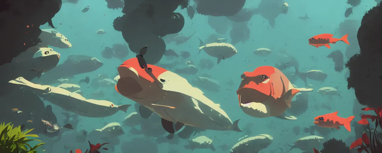 Image similar to piranhas swimming in a tropical river, atey ghailan, goro fujita, studio ghibli, rim light, ominous lighting, clear focus, very coherent