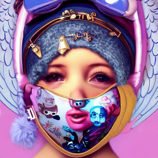 Image similar to Lofi vaporwave portrait baby cherub angel, ski mask, balaclava, face covered, Gucci, Nike, Chanel, multiple gold chains, Pixar style, Tristan Eaton, Stanley Artgerm, Tom Bagshaw