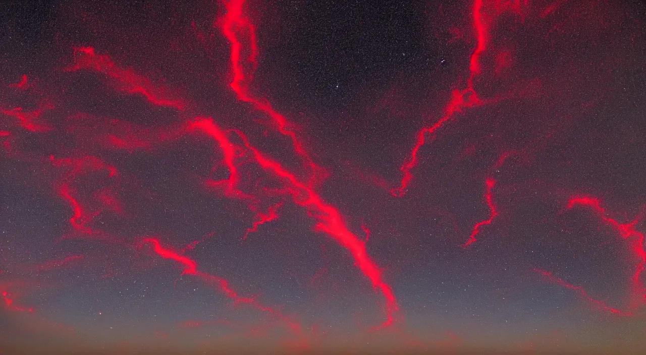 Prompt: red sprites in the atmosphere, clouds below, photo