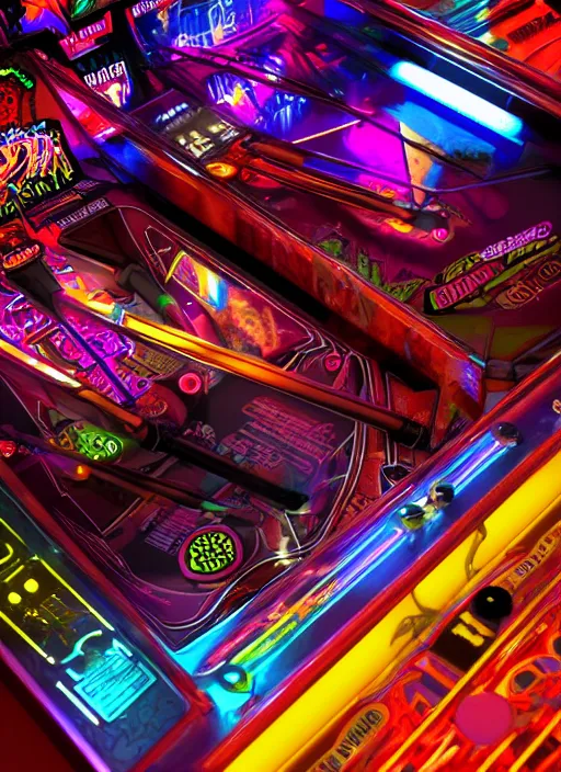 Prompt: pinball machine with a cyberpunk theme, neon colored, bright lights, high quality reflections, intricate, ultra engine render, detailed, 4 k, trending on artstation