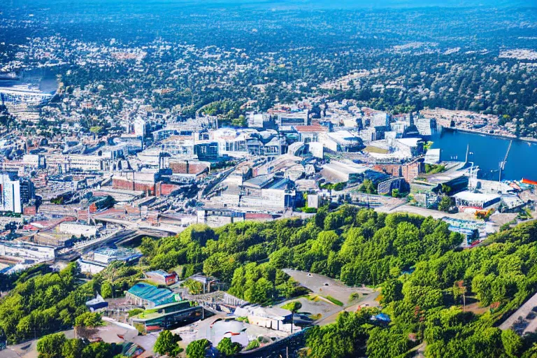 Image similar to bird's eye view photography of a small city. town hall, central farm, monorail station, beach and shipping dock. hills, woods and lake to the north.