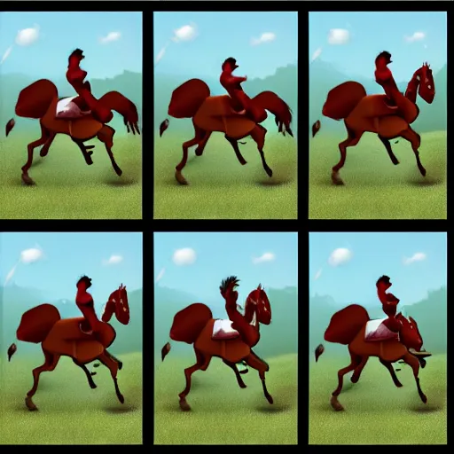 Prompt: an animation of a horse running left to right shot frame by frame, separated into equally sized frames, from'learning to animate'