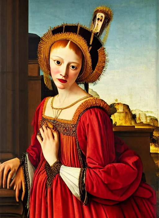 Image similar to portrait of young woman in renaissance dress and renaissance headdress, art by jean - michel folon