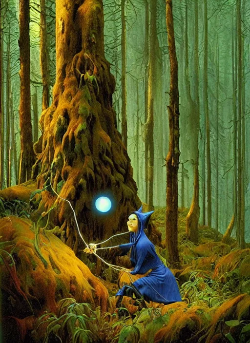 Image similar to hyper realistic witch modem with mood lighting and tech in the woods gorgeous lighting, blue sky, highly detailed, lush forest foliage painting by zdzisław beksinski and norman rockwell and greg rutkowskiweta studio, and lucasfilm