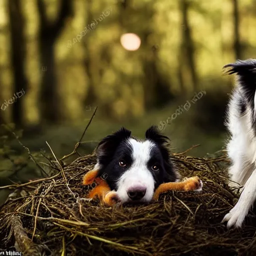 Image similar to a border collie protecting a fledgling in a nest in a forest, beautiful, golden hour, impressionist