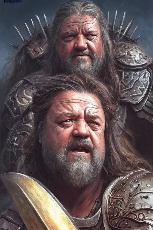 Image similar to ultra realistic illustration, russell crowe as a barbarian warrior from baldurs gate and diablo, intricate from baldurs gate, elegant, highly detailed, digital painting, artstation, concept art, smooth, sharp focus, illustration, art by artgerm and greg rutkowski and alphonse mucha