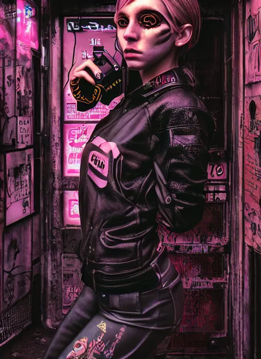 Image similar to portrait photo, 3 5 mm lomography, female doorwoman, gang clothing fashion, id magazine, hyperrealism, detailed textures, photorealistic, cyberpunk apocalyptic city, ultra realistic, cinematic, intricate, cinematic light, 8 k, david la chapelle, david kostic, artgerm