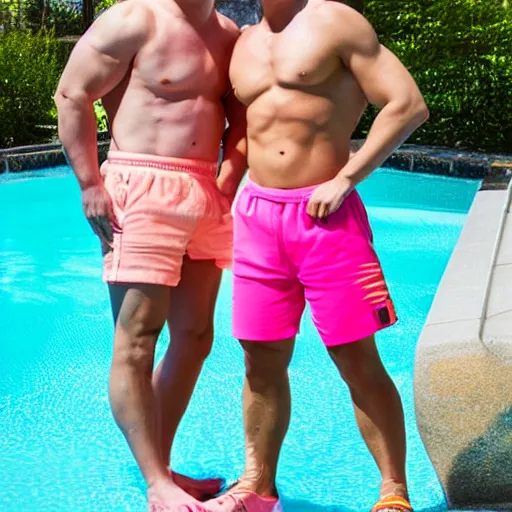 Prompt: a handsome man with blonde hair, ken, who is a male android, muscular, wearing a cut - off pink top and short light orange shorts, stands by a swimming pool, facing forward