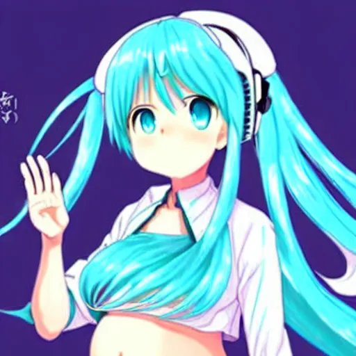 Image similar to hatsune miku pregnant with triplets at 4 0 weeks, baby movings in belly, anime art, trending on pixiv