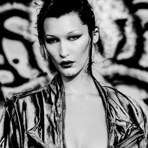 Image similar to bella hadid as maison margiela model on rammstein show. exposure. mysterious. tape photo. processing. lost photo. deep dream effect. award wining photography.. perfect composition. photography masterpiece. contemporary theater.