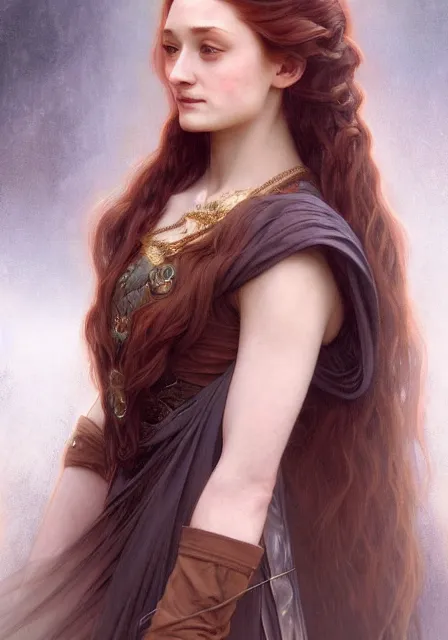 Image similar to portrait of sansa stark with long hair, intricate, elegant, highly detailed, digital painting, artstation, concept art, smooth, sharp focus, illustration, art by artgerm and greg rutkowski and alphonse mucha and william - adolphe bouguereau