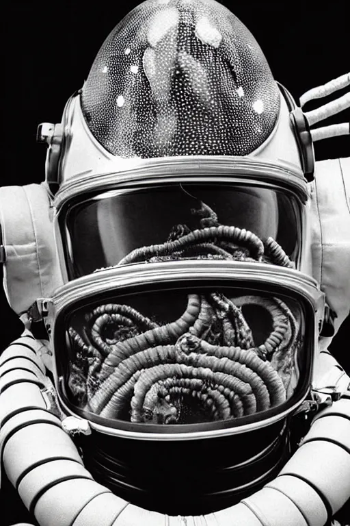 Prompt: extremely detailed studio portrait of space astronaut, alien tentacle protruding from eyes and mouth, slimy tentacle breaking through helmet visor, shattered visor, full body, soft light, disturbing, shocking realization, award winning photo by herb ritts