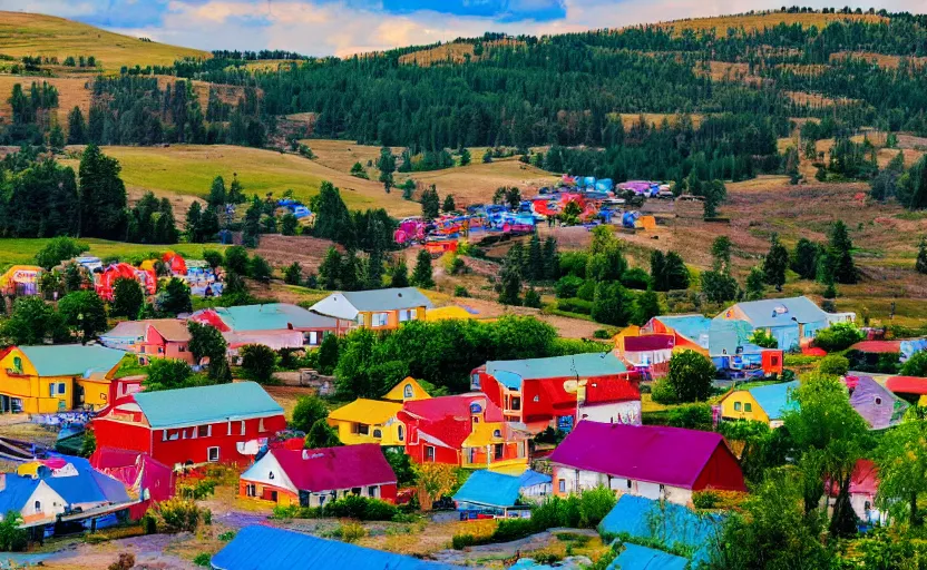 Prompt: photo of a colorful rural town