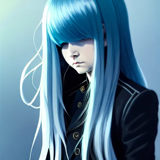 Prompt: low - angle shot from behind of a long light blue - haired girl in a tailcoat with a scabbard, combat boots, noir, screenshot, sharp focus, intricate, illustration, cell shaded, digital painting, highly detailed, straight hair, art by ilya kuvshinov, wlop, greg rutkowski, studio quality, james jean