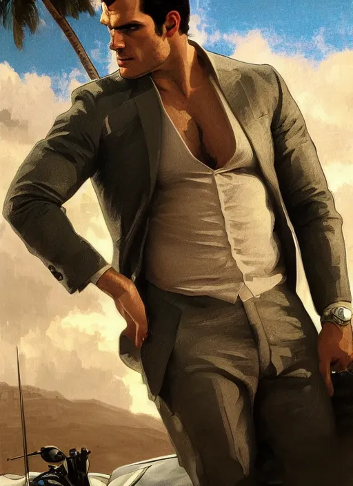 Image similar to portrait of henry cavill as james bond, key art, palm trees, vintage aston martin, highly detailed, digital painting, artstation, concept art, cinematic lighting, sharp focus, illustration, by gaston bussiere alphonse mucha