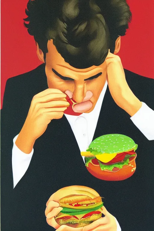 Image similar to roger federer eating a hamburger by rene magritte