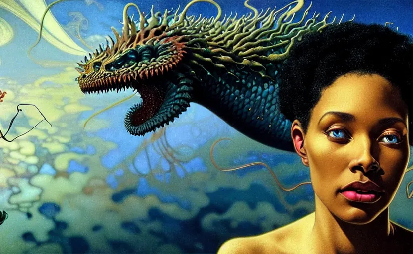 Image similar to realistic detailed photorealistic film close up portrait shot of a beautiful black woman, sci-fi landscape with a dragon on background by Denis Villeneuve, Amano, Yves Tanguy, Alphonse Mucha, Ernst Haeckel, Andrei Tarkovsky, Edward Robert Hughes, Roger Dean, rich moody colours, wide angle, blue eyes