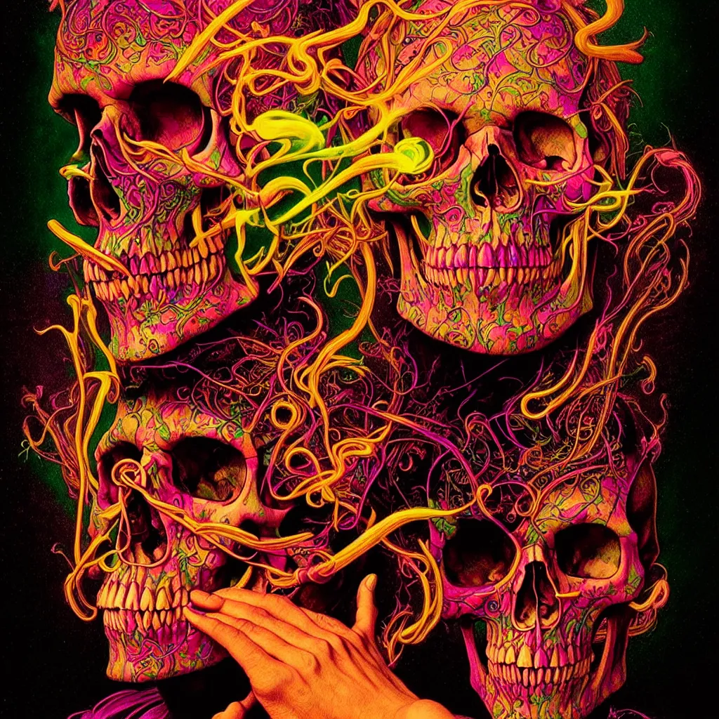 Image similar to bright psychedelic photo of BILL HICKS SKULL SMOKING, diffuse lighting, fantasy, intricate, elegant, highly detailed, lifelike, photorealistic, digital painting, artstation, illustration, concept art, smooth, sharp focus, art by John Collier and Albert Aublet and Krenz Cushart and Artem Demura and Alphonse Mucha