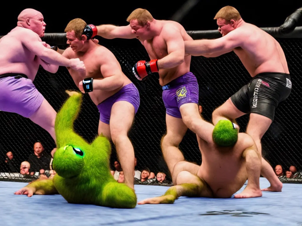 Image similar to Shrek and Barney fighting in an MMA match, sports photography