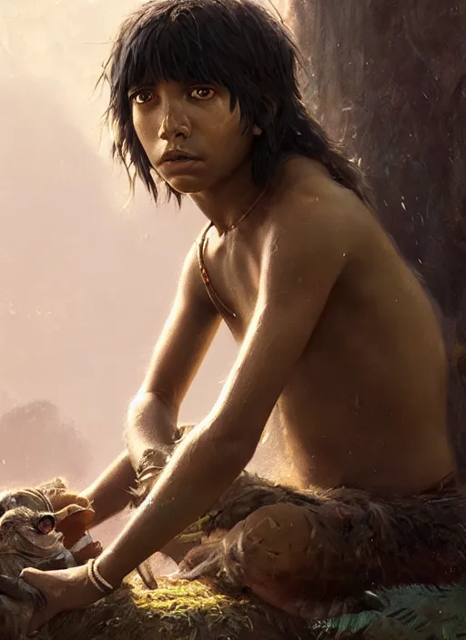 Image similar to highly detailed portrait of mowgli, unreal engine, cinematic light, warm, fantasy art by greg rutkowski