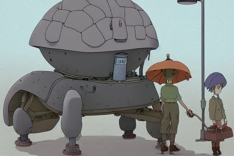 Image similar to a study of a cell shaded cartoon of a grey mechanized turtle from howl's moving castle ( 2 0 0 4 ), at a gas station, full body, wide shot, very muted colors, post grunge, studio ghibli, laurie greasley, highly detailed, deviantart, art by artgem