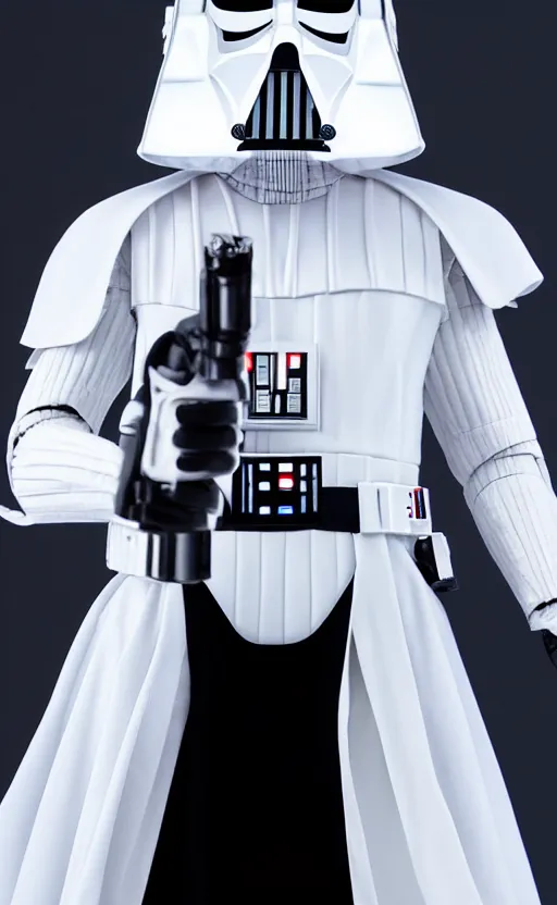 Prompt: White Darth Vader suit, black room, soft light, white lightsaber, movie accurate, 4k,
