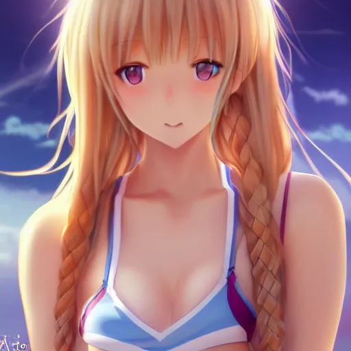 Image similar to a very beautiful young anime tennis girl, full body, head, long wavy blond hair, sky blue eyes, full round face, short smile, bikini, miniskirt, front view, full shot, highly detailed, cinematic wallpaper by stanley artgerm lau
