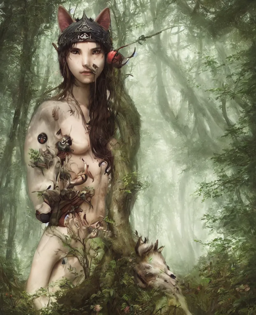 Prompt: portrait of Princess Mononoke wearing mask, lush forest landscape, painted by tom bagshaw, proko, artgerm, norman rockwel, james gurney, denoised, sharp,