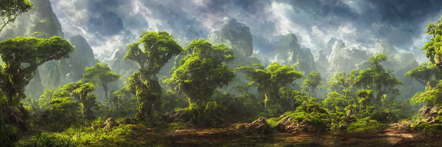 Image similar to summer on a lush alien planet, matte painting