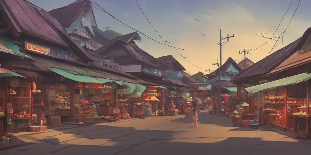 Prompt: shops at pulau indah town, early morning, detailed matte painting, low angle view, telephoto lens, bokeh, studio ghibli, artstation