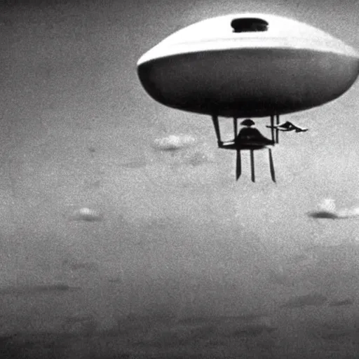 Image similar to in the style of 1 9 5 0 s, a real footage of a scary ufo in the sky, people are running away