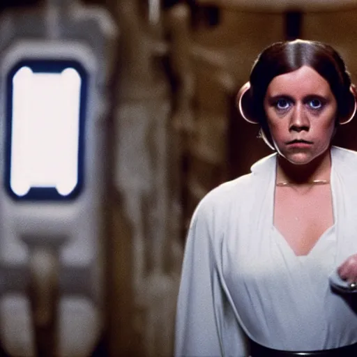 Image similar to mark Hamill dressed as princess Leia, movie still, cinematic