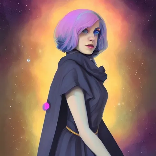 Image similar to a nonbinary changeling with a starry cloak, aurora colored hair, curious expression, character art, full body art, trending on artstation, artgerm, 4k ultra hd, sharp focus, digital art by Ilya Kuvshinov and Ross Tran,