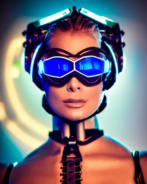 Prompt: centered portrait of flirtatious young carmen electra as a solarpunk mecha humanoid robotic parts wearing goggles with bright turquoise lights, real human face, pudica pose by bouguereau, inside white room, ultra - realistic and intricate, soft portrait shot 8 k