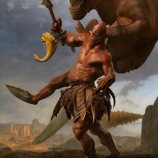 Prompt: Dark Skinned Orc Barbarian slaying a mounted dinosaur in a roman style coliseum, Oil Painting, hyperrealistic, octane render, Detailed Digital Art, RPG scene, William-Adolphe Bouguereau, Michael Cheval, dynamic lighting, Highly Detailed, Cinematic Lighting, 8k, HD