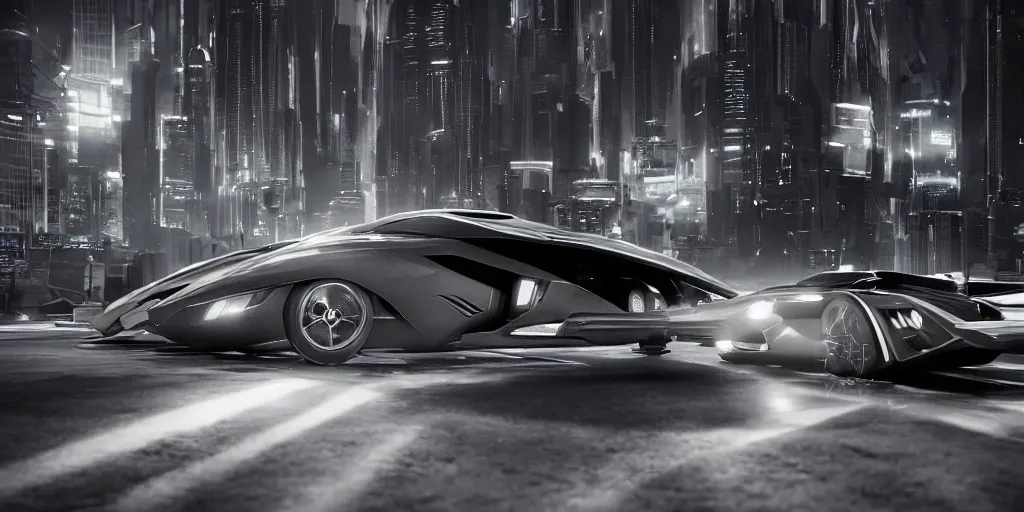 Prompt: the batmobile driving through a futuristic city. neon. fluorescent light. view from inside the cockpit, behind the wheel. highly detailed. octane render. 8 k. monochrome. black and white. cinematic. imagined by thu berchs