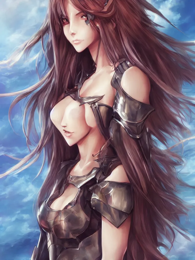 Image similar to a portrait of an attractive knight female anime character with long hair, artgerm