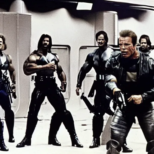 Prompt: arnold schwarzenegger and a group of other bad guys take over the year 1 9 8 0, then arnold makes the planet safe for himself and his gang by killing everyone, movie still