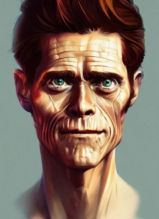 Image similar to young early - 2 0 s willem dafoe portrait illustrated by rossdraws, vivid colors, soft lighting, digital artwork 4 k, best of artstation