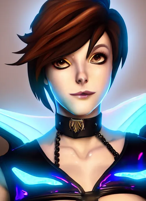 Image similar to portrait bust digital artwork of tracer overwatch, wearing black iridescent rainbow latex tank top, 4 k, expressive happy smug expression, makeup, in style of mark arian, angel wings, wearing detailed black leather collar, chains, black leather harness, detailed face and eyes,