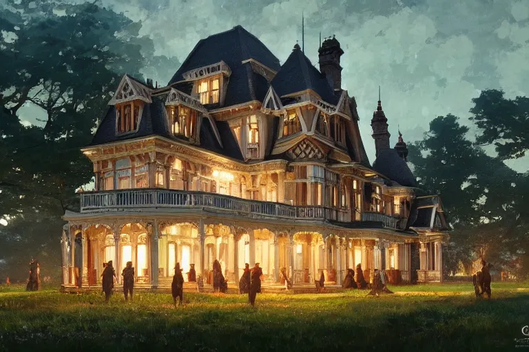 Prompt: an ornate victorian house, party in front, scene in an open field. 1 8 9 0, key visual, conceptart, ambient lighting, highly detailed, digital painting, artstation, concept art, sharp focus, by makoto shinkai and akihiko yoshida and greg manchess