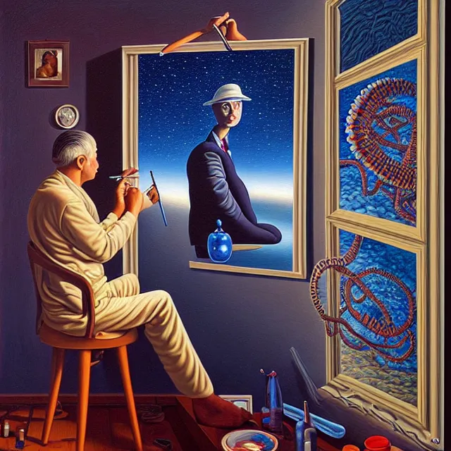 Image similar to an oil on canvas portrait of a man painting a portrait of a beautiful woman, surrealism, surrealist, lovecraftian, cosmic horror, rob gonsalves, high detail