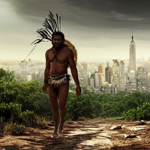 Image similar to detailed 4 k photorealistic papuan tribe walk in detailed new york in the style of nick ut and eddie adams and margaret bourke and yousuf karshs and alfred eisenstaedt