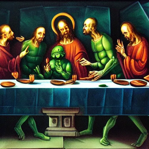 Image similar to green aliens in the last supper painting, eating alien food