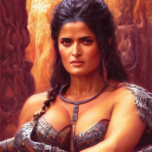 Image similar to a portrait of Salma Hayek as a barbarian, detailed, centered, digital painting, artstation, concept art, donato giancola, Joseph Christian Leyendecker, WLOP, Boris Vallejo, Breathtaking, 8k resolution, extremely detailed, beautiful, establishing shot, artistic, hyperrealistic, beautiful face, octane render