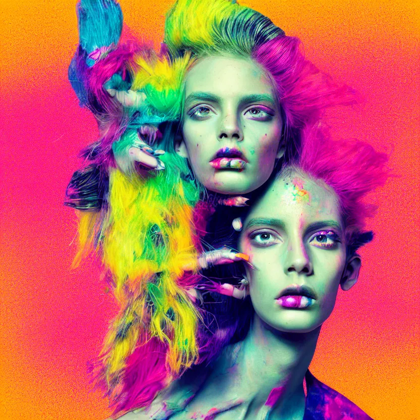 Prompt: full frontal portrait of a post modern hybrid fashion model with an exuberant attitude, style year 1 9 8 0, colorful, photo realistic, octane render, vray, detailed, halftoned, editorial illustration, matte print, grainy light, ( ( dither ) ), risograph, high contrast, screen print, grainy texture